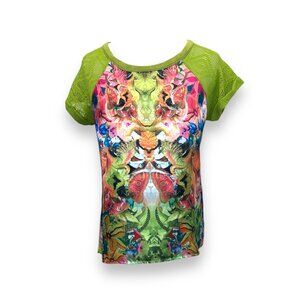 One World Women’s Short Sleeve Satin and Lace Top, Green Floral, size M